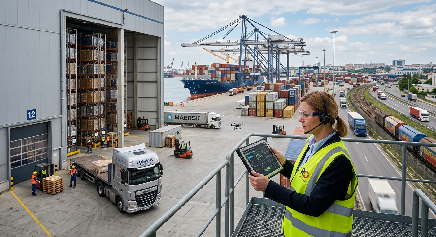 Depozit logistic cu rafturi înalte și operatori care gestionează recepția mărfurilor