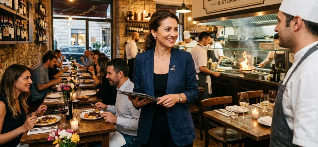 Personal de restaurant folosind aplicatia de vanzare pe tableta