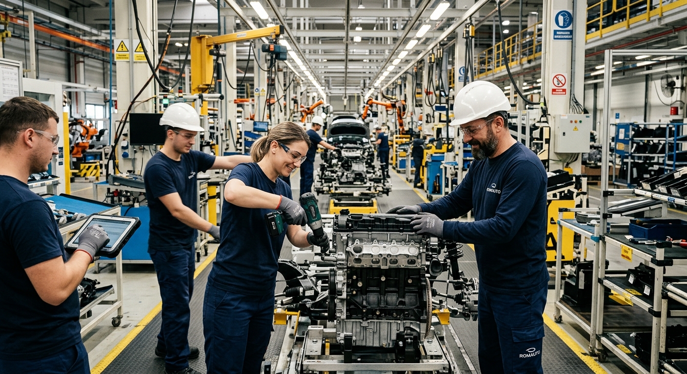 Angajați pe linia de producție dintr-o fabrică, unul verificând comenzile de fabricație pe o tabletă